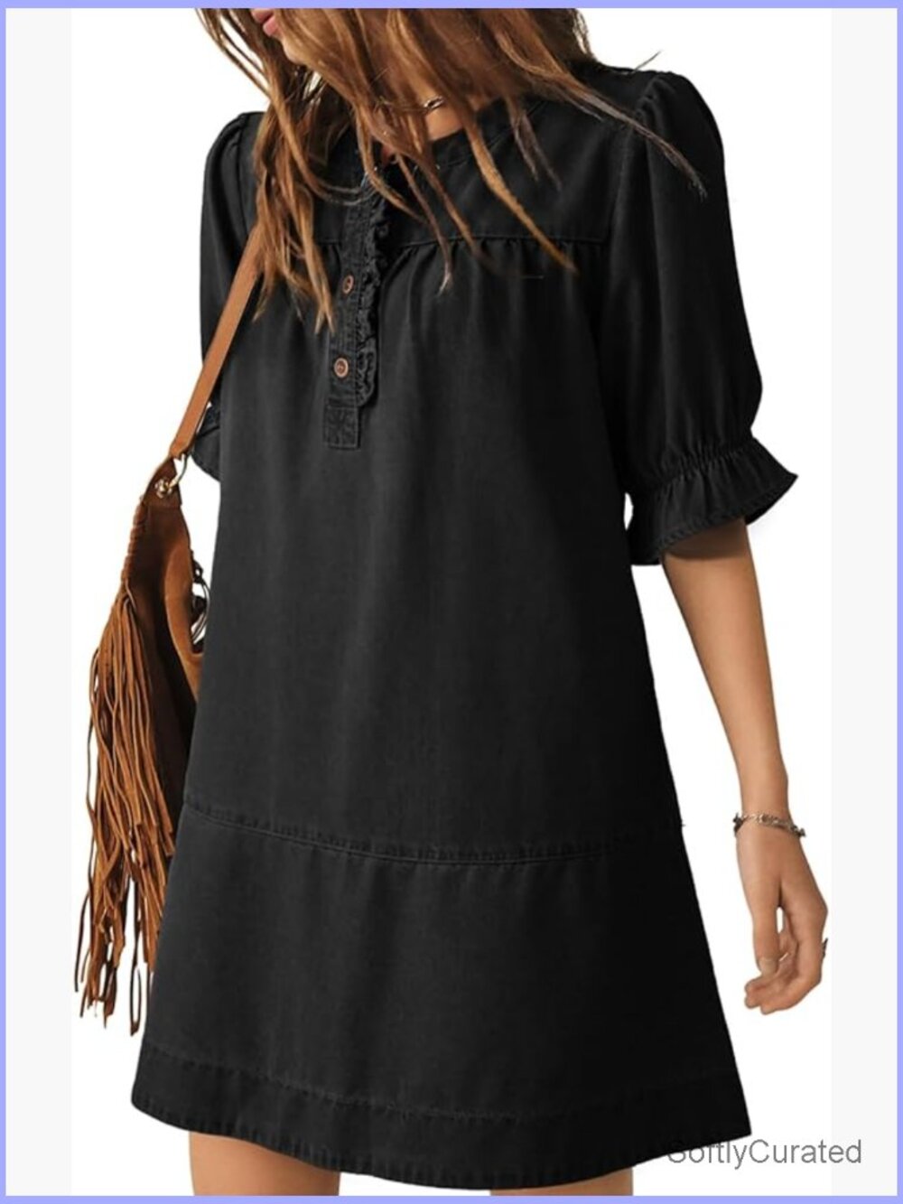 Denim Babydoll Dress Ruffle Short Sleeve Button Cowgirl Mini